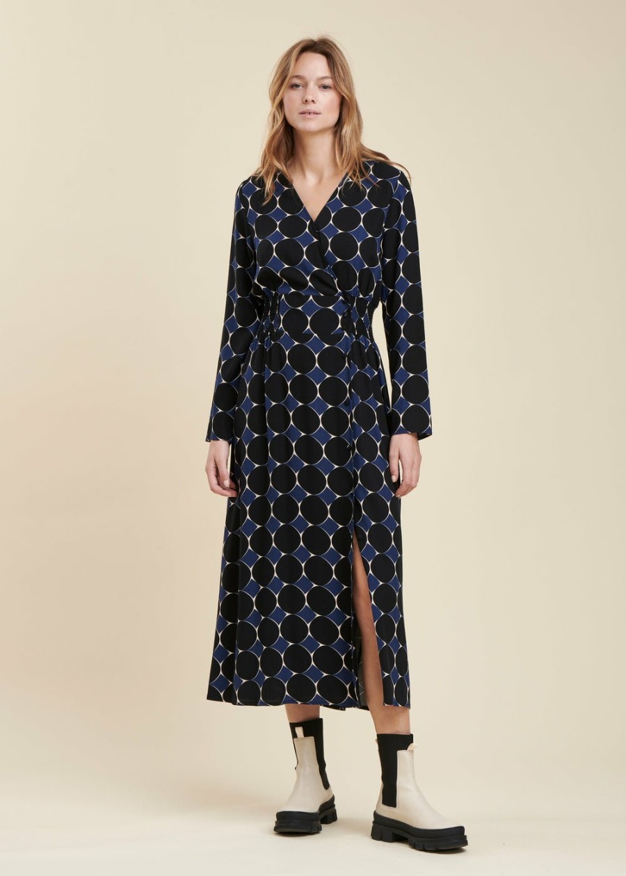 Pret-A-Porter LA FEE maraboutee | Robe Portefeuille Longue A Imprime Graphique En Viscose Ecovero Navy/Noir