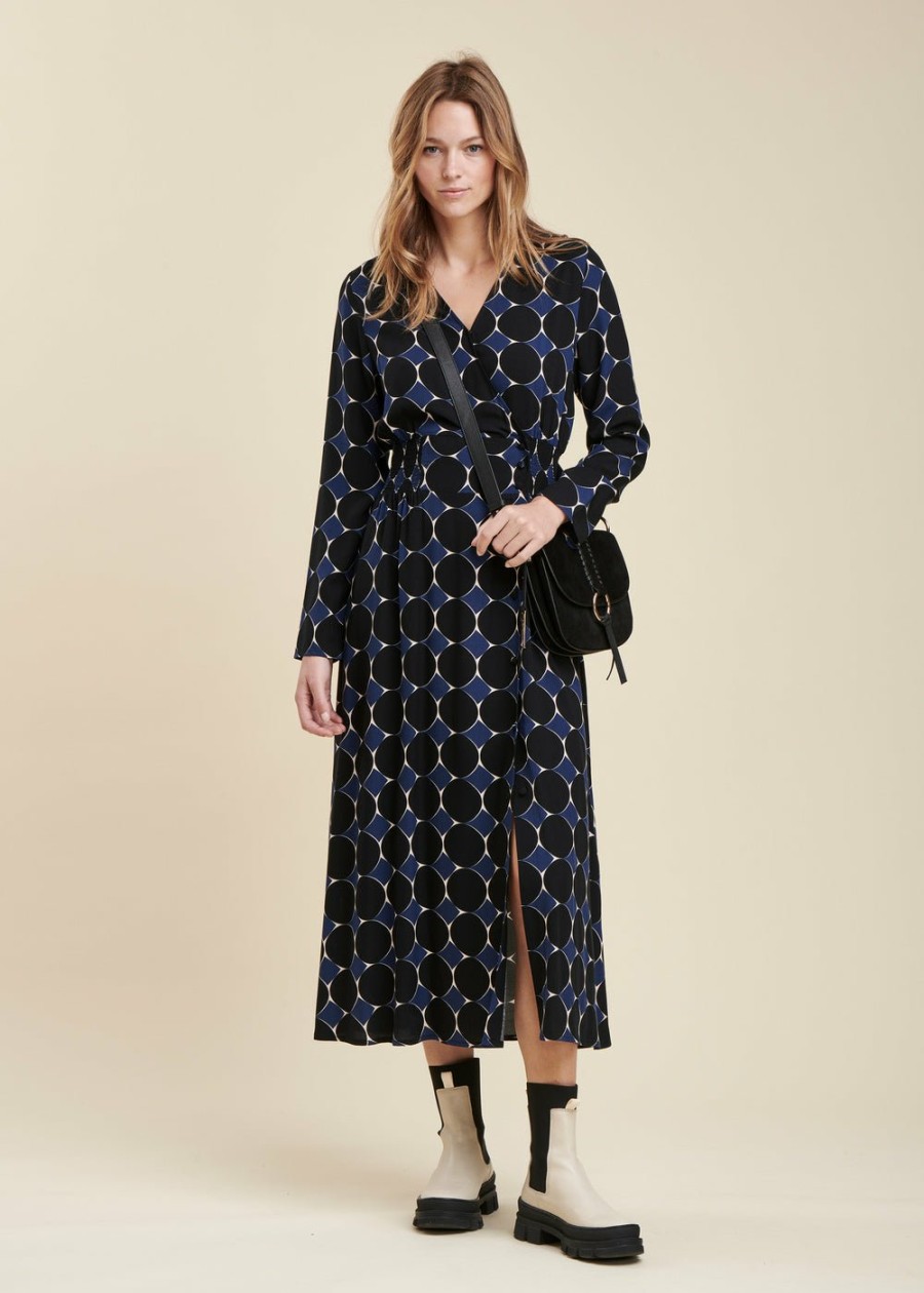 Pret-A-Porter LA FEE maraboutee | Robe Portefeuille Longue A Imprime Graphique En Viscose Ecovero Navy/Noir