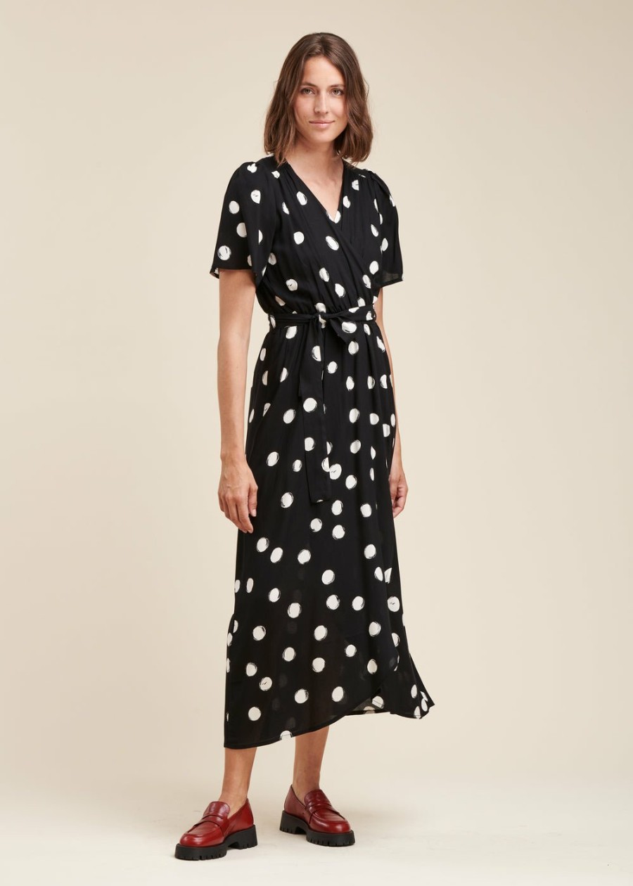 Pret-A-Porter LA FEE maraboutee | Robe Longue Faux Portefeuille A Imprime A Pois Noir/Ecru