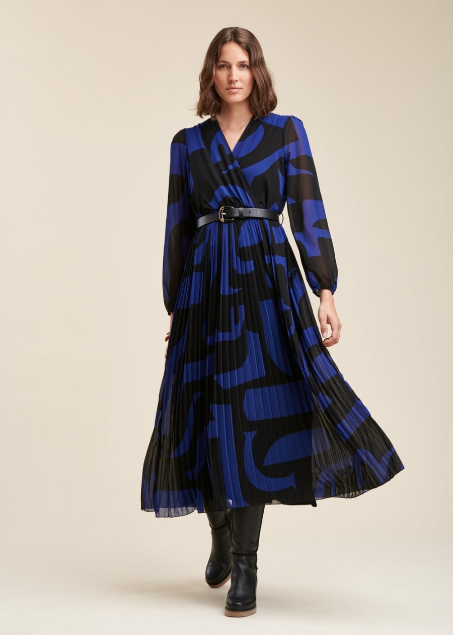 Pret-A-Porter LA FEE maraboutee | Robe Longue Plissee A Imprime Graphique Noir/Bleu