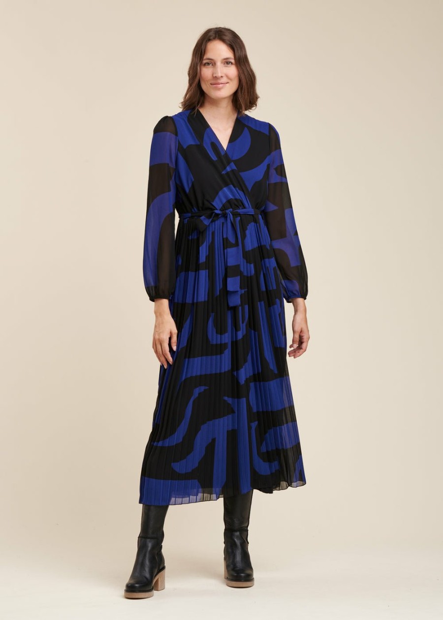 Pret-A-Porter LA FEE maraboutee | Robe Longue Plissee A Imprime Graphique Noir/Bleu