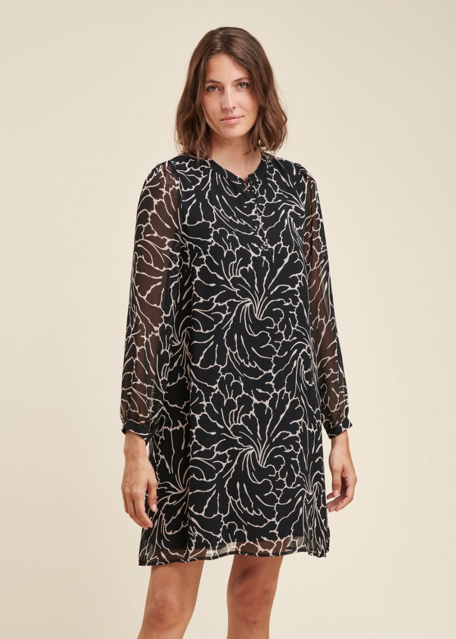 Pret-A-Porter LA FEE maraboutee | Robe Courte En Voile De Polyester Recycle A Imprime Floral Noir/Ecru