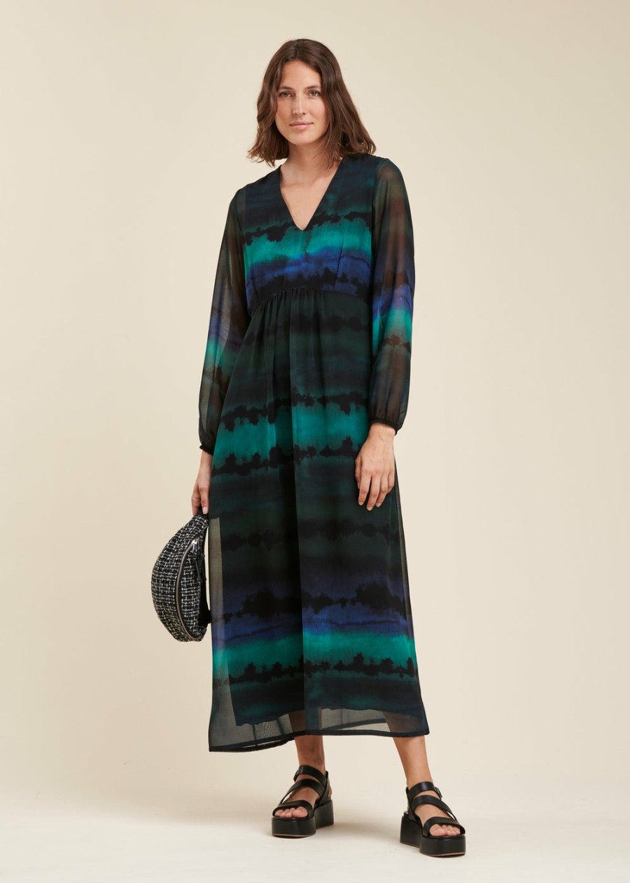 Pret-A-Porter LA FEE maraboutee | Robe Longue En Voile De Polyester Tie & Dye Vert/Bleu