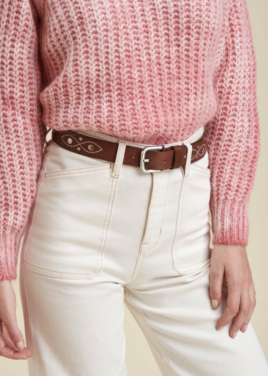 Accessoires LA FEE maraboutee | Ceinture Broderies Et Studs En Cuir De Vachette Camel