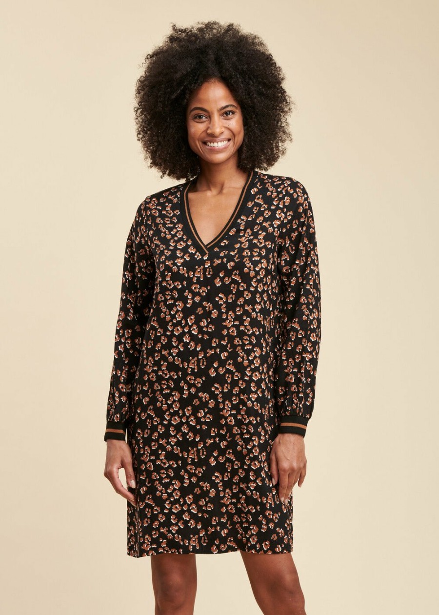 Pret-A-Porter LA FEE maraboutee | Robe Courte Coupe Droite A Imprime Leopard Noir