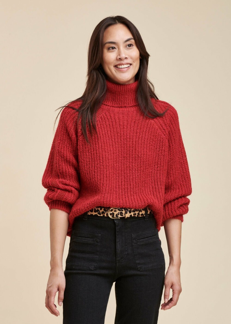 Pret-A-Porter LA FEE maraboutee | Pull Cotes Perlees Col Boule Rouge