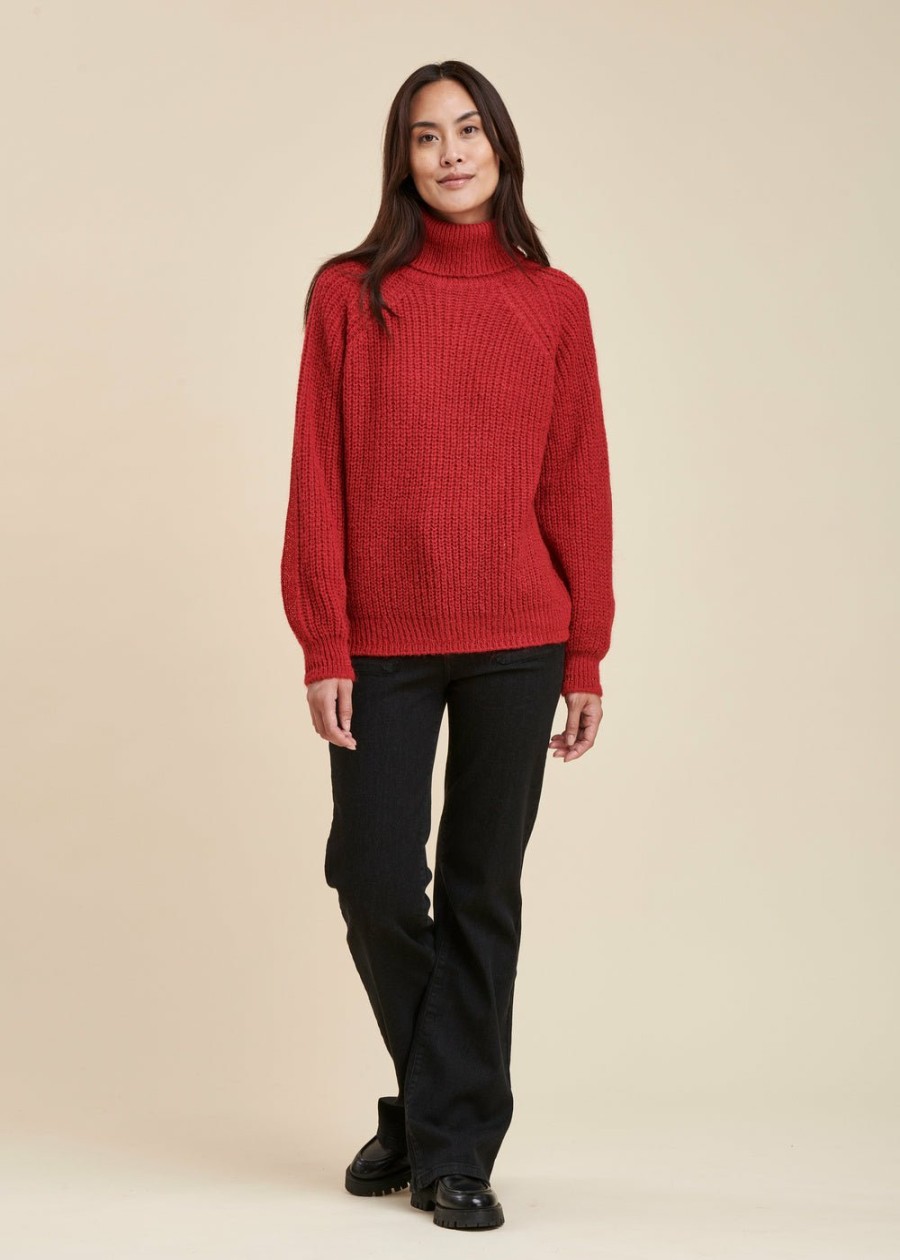 Pret-A-Porter LA FEE maraboutee | Pull Cotes Perlees Col Boule Rouge