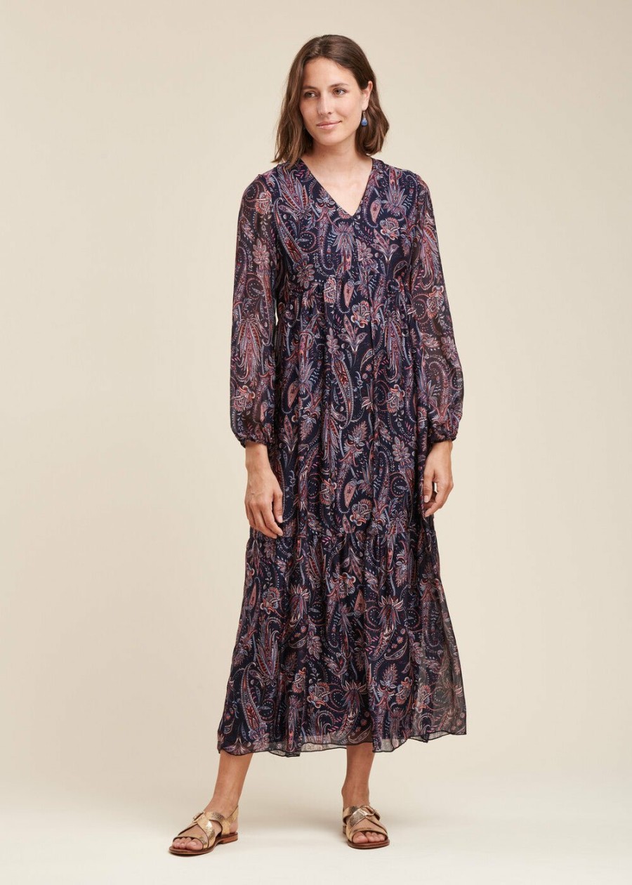 Pret-A-Porter LA FEE maraboutee | Robe Longue Ample En Voile De Viscose Soie A Imprime Floral Navy