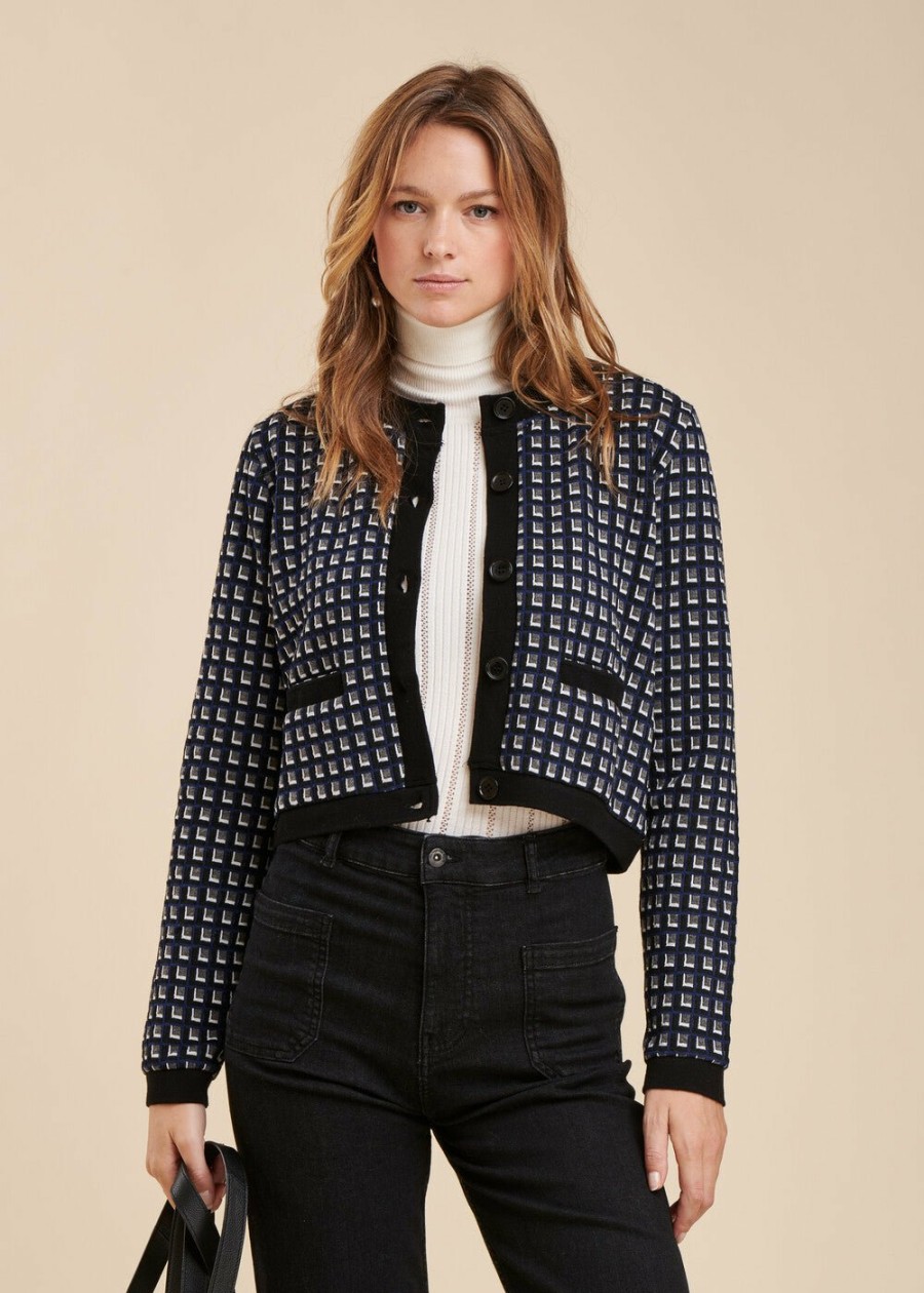 Pret-A-Porter LA FEE maraboutee | Veste Gilet Petits Motifs Geometriques Navy