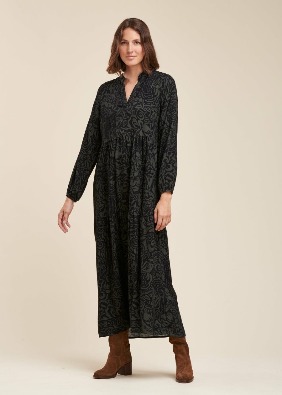 Pret-A-Porter LA FEE maraboutee | Robe Longue A Imprime Bicolore Kaki/Noir