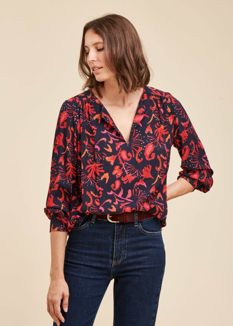 Pret-A-Porter LA FEE maraboutee | Top Ample A Imprime Fleuri Navy/Rouge