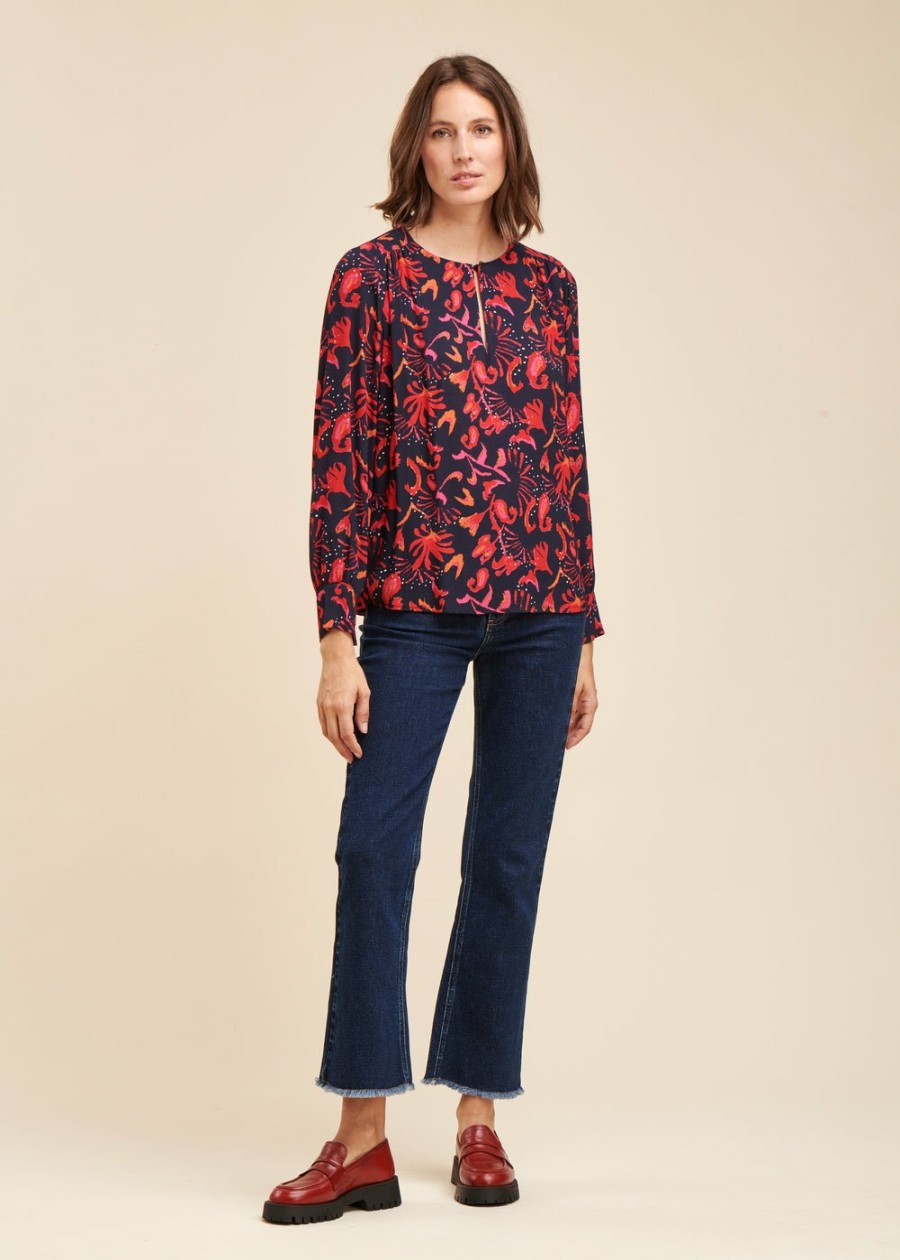 Pret-A-Porter LA FEE maraboutee | Top Ample A Imprime Fleuri Navy/Rouge