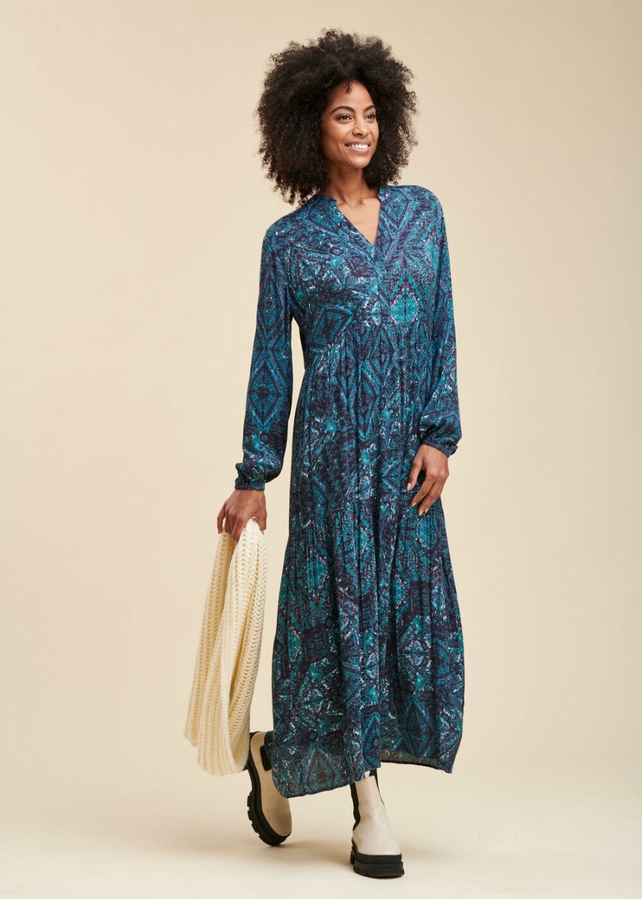 Pret-A-Porter LA FEE maraboutee | Robe Longue Imprimee En Viscose Ecovero Bleu