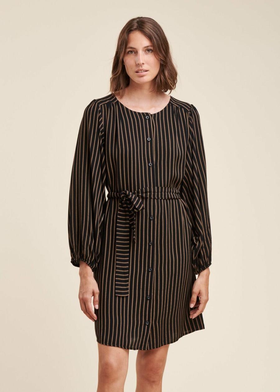 Pret-A-Porter LA FEE maraboutee | Robe Courte Ample Boutonnee A Rayures Noir/Noisette