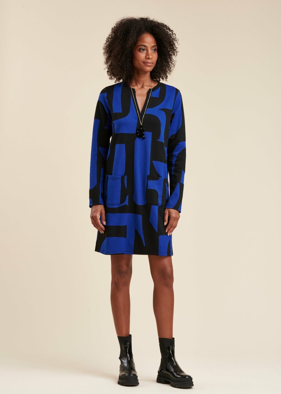 Pret-A-Porter LA FEE maraboutee | Robe Jersey Motifs Geometriques Noir/Bleu