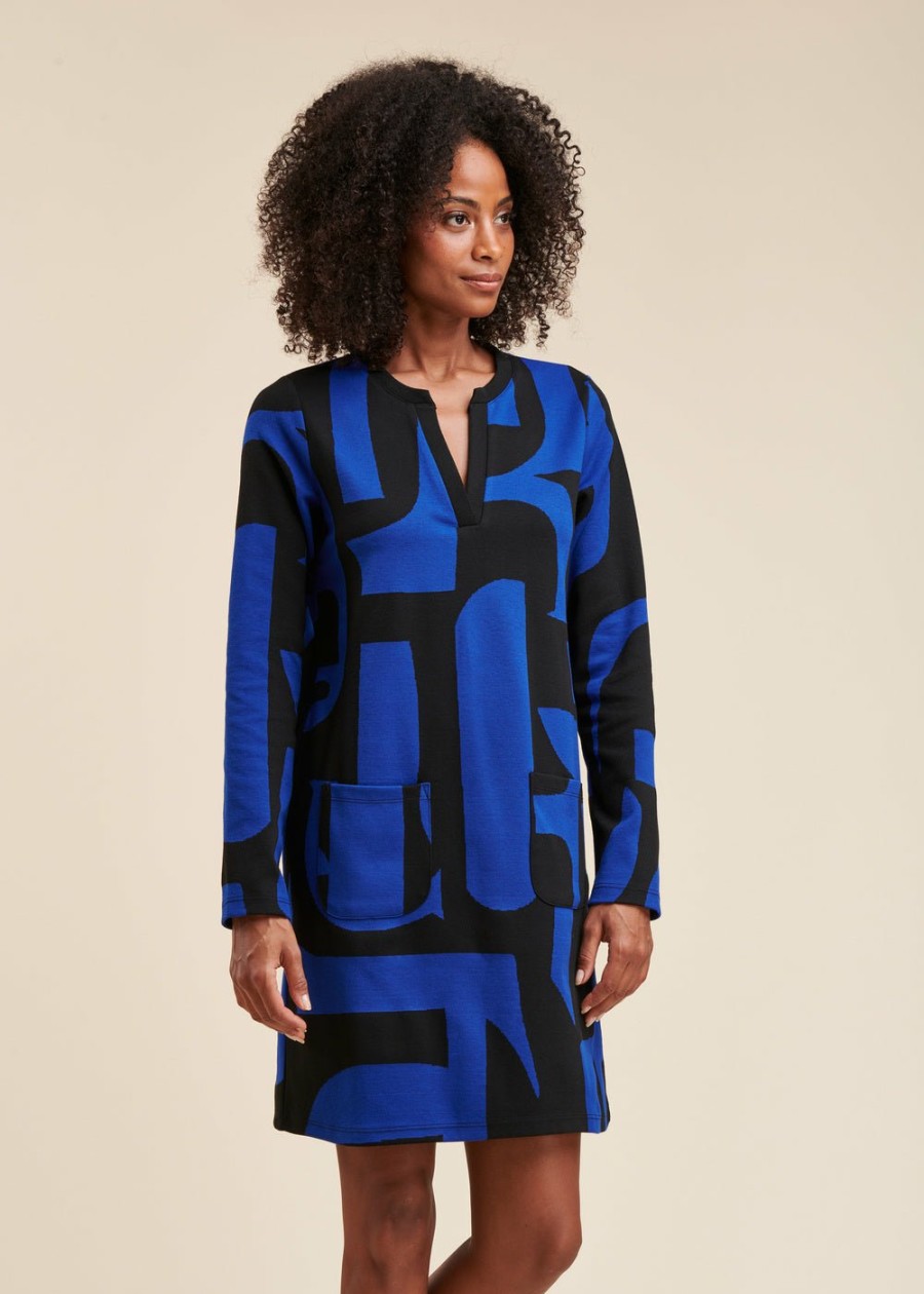 Pret-A-Porter LA FEE maraboutee | Robe Jersey Motifs Geometriques Noir/Bleu