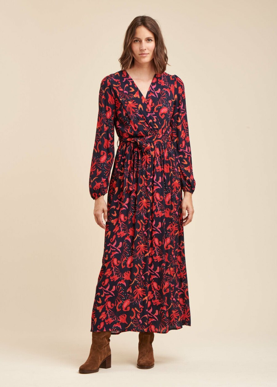 Pret-A-Porter LA FEE maraboutee | Robe Longue A Imprime Fleuri Navy/Rouge