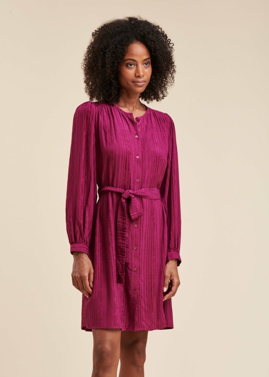 Pret-A-Porter LA FEE maraboutee | Robe Courte Ample Boutonnee A Fines Rayures Velours Figue