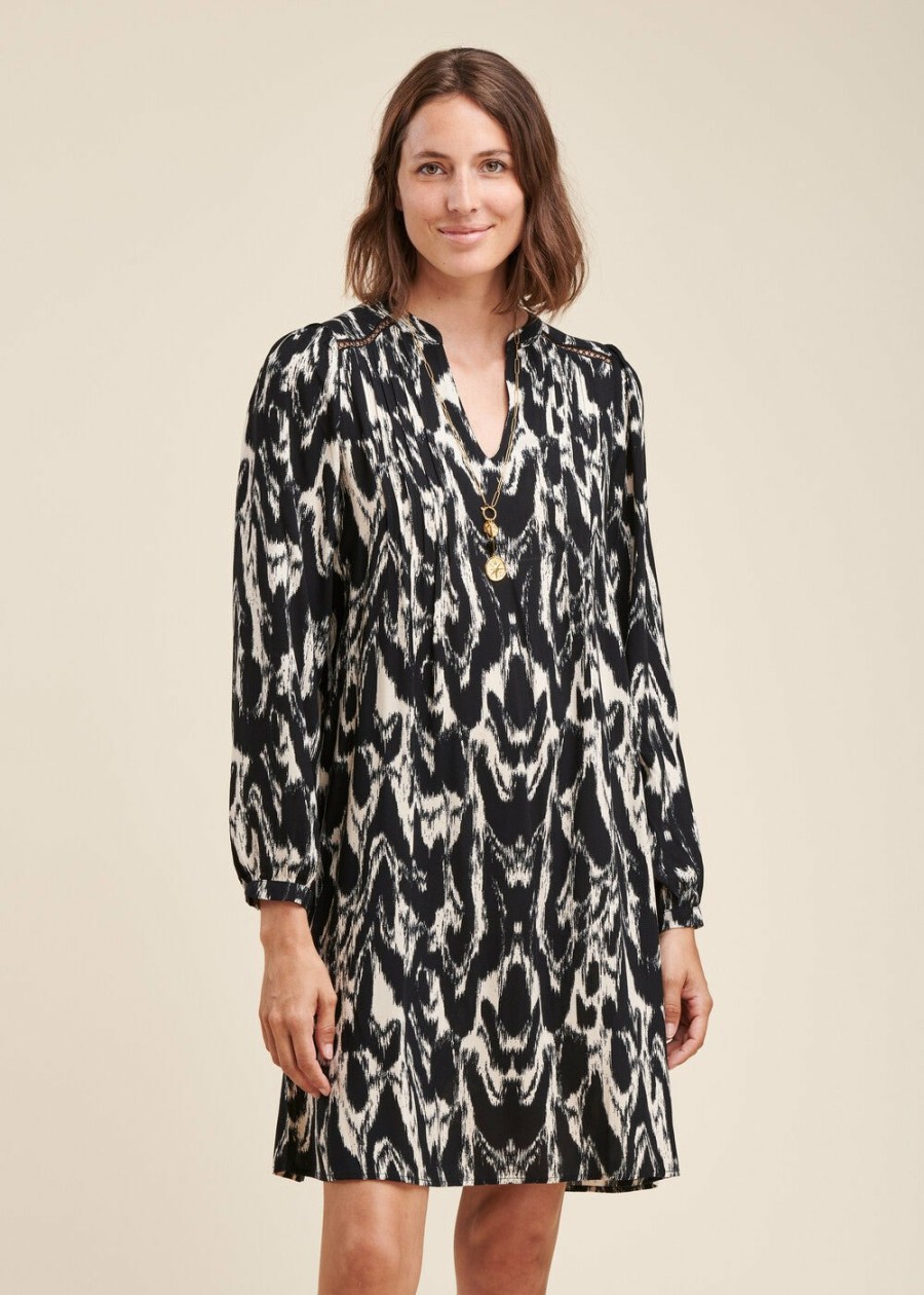 Pret-A-Porter LA FEE maraboutee | Robe Courte A Imprime Tachiste En Viscose Ecovero Noir/Ecru