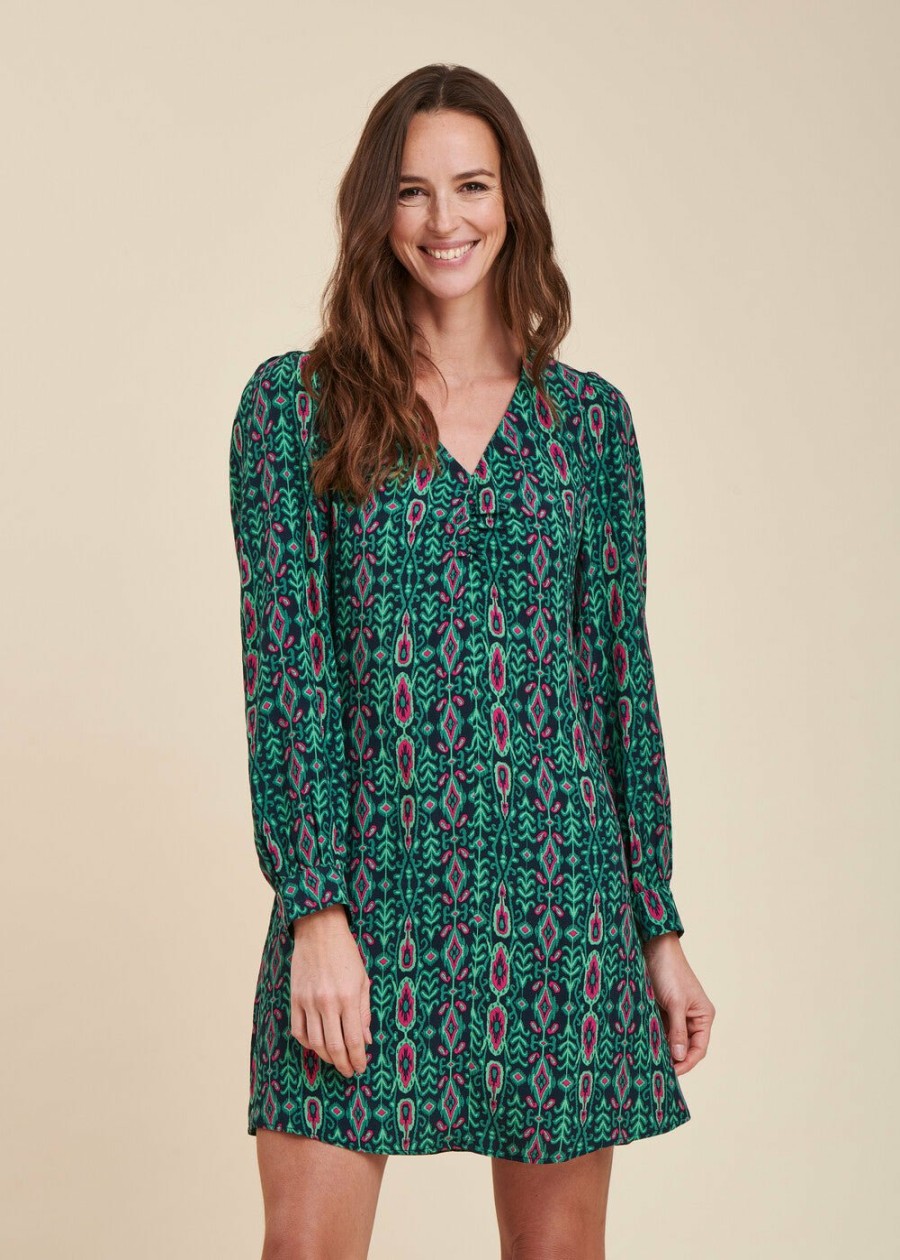 Pret-A-Porter LA FEE maraboutee | Robe Courte Cintree E Manches Longues A Imprime Ethnique Vert