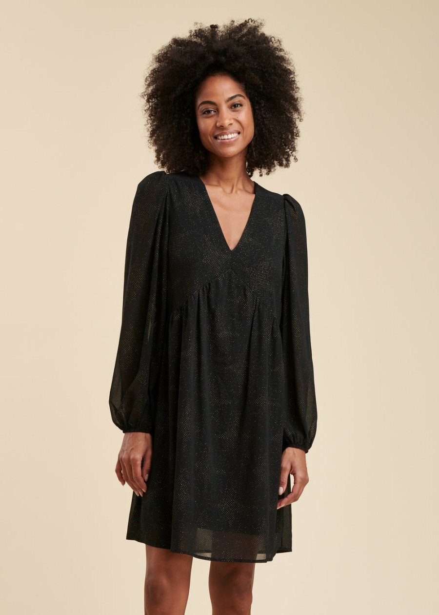 Pret-A-Porter LA FEE maraboutee | Robe Courte Cintree En Voile Imprime Paillete Noir