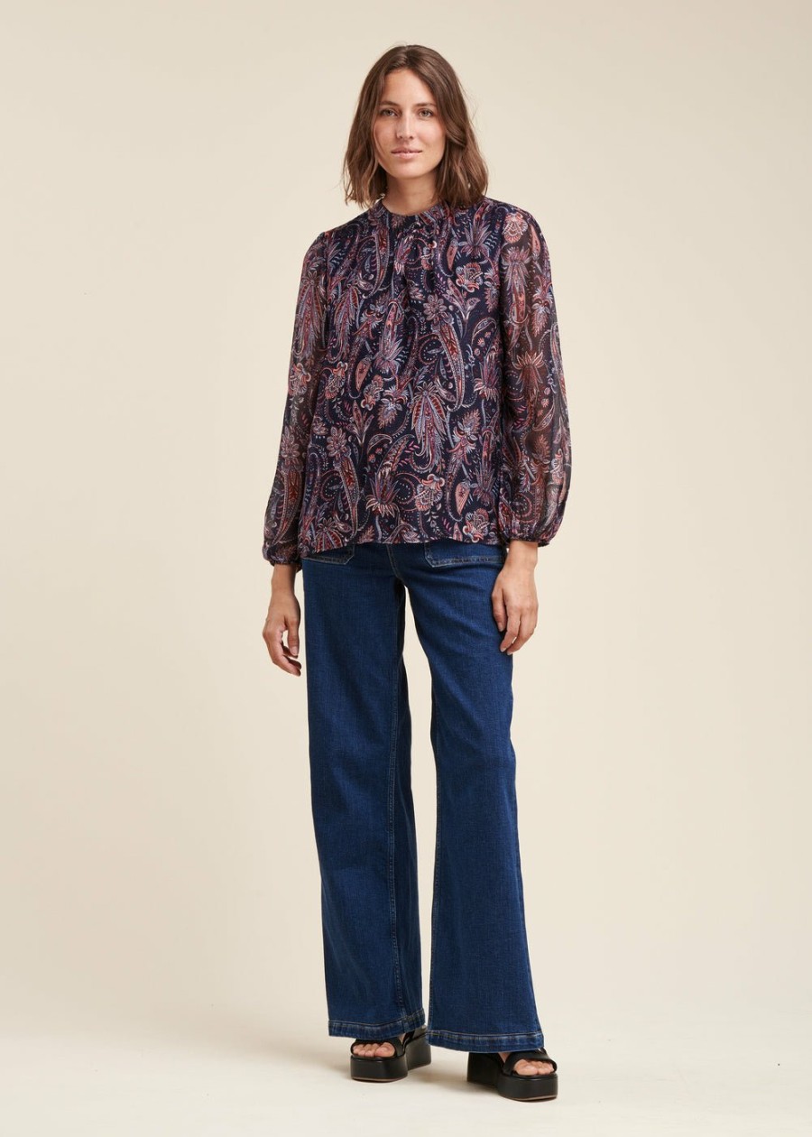 Pret-A-Porter LA FEE maraboutee | Top En Voile De Viscose Soie A Imprime Floral Navy