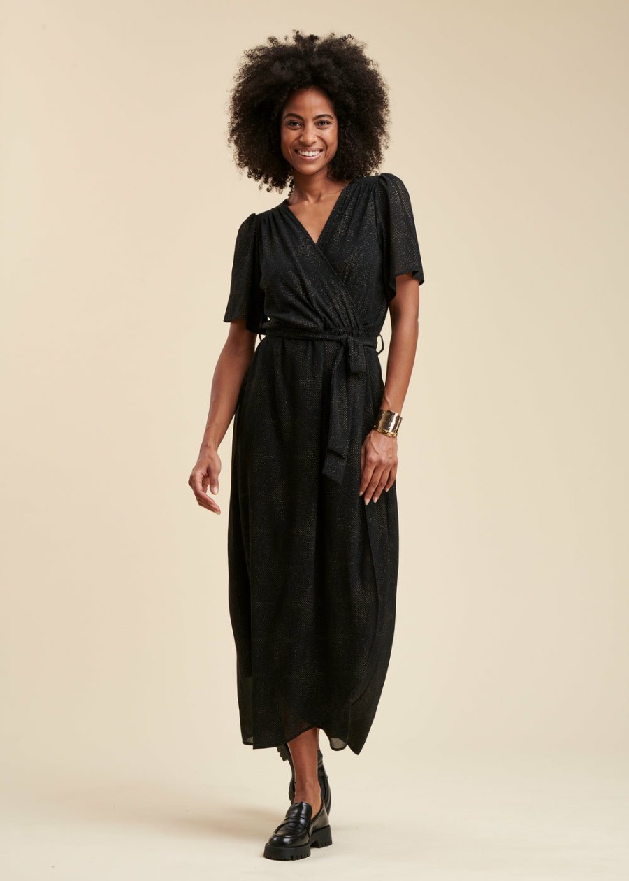 Pret-A-Porter LA FEE maraboutee | Robe Longue Faux Portefeuille En Voile Imprime Paillete Noir