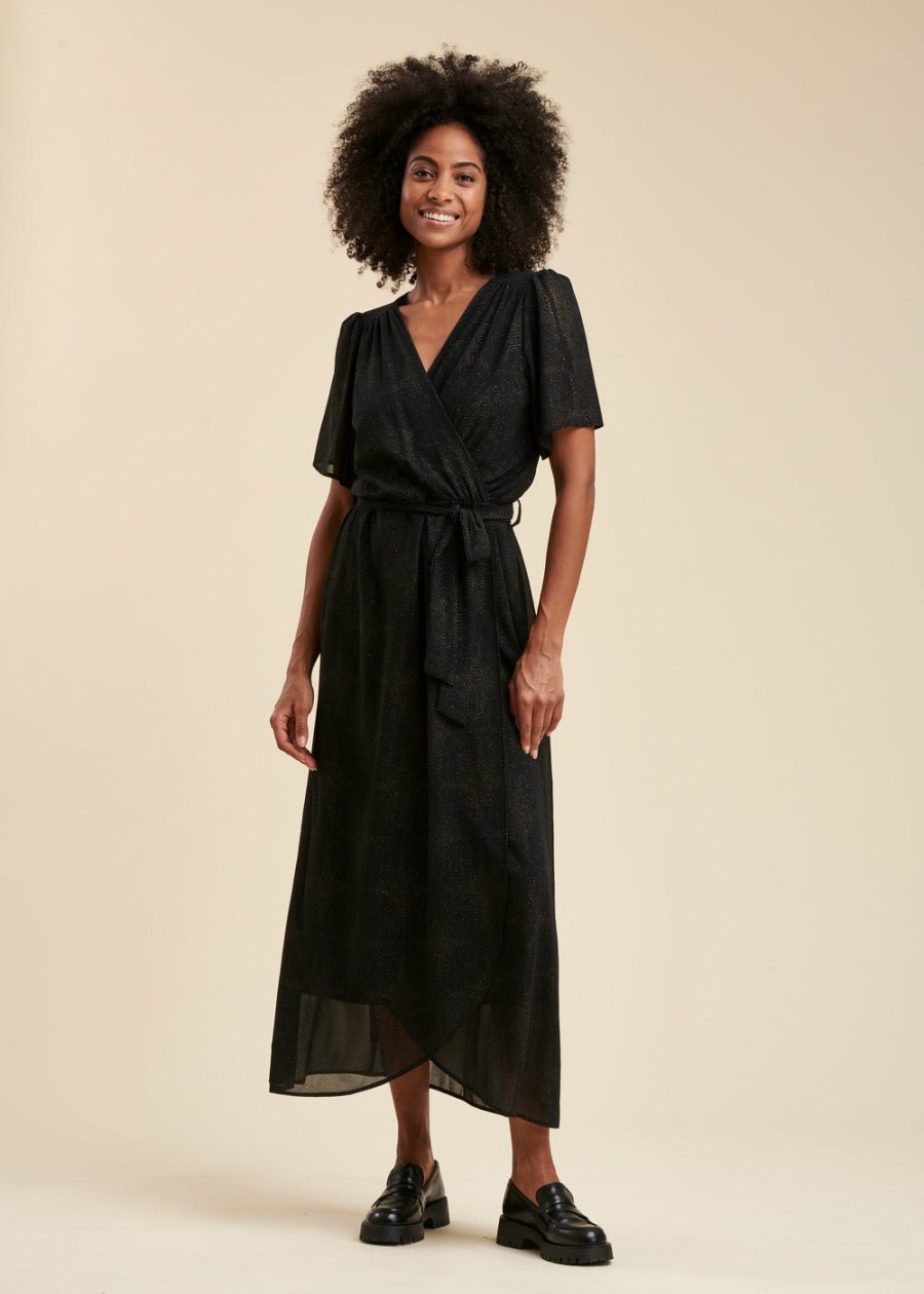 Pret-A-Porter LA FEE maraboutee | Robe Longue Faux Portefeuille En Voile Imprime Paillete Noir