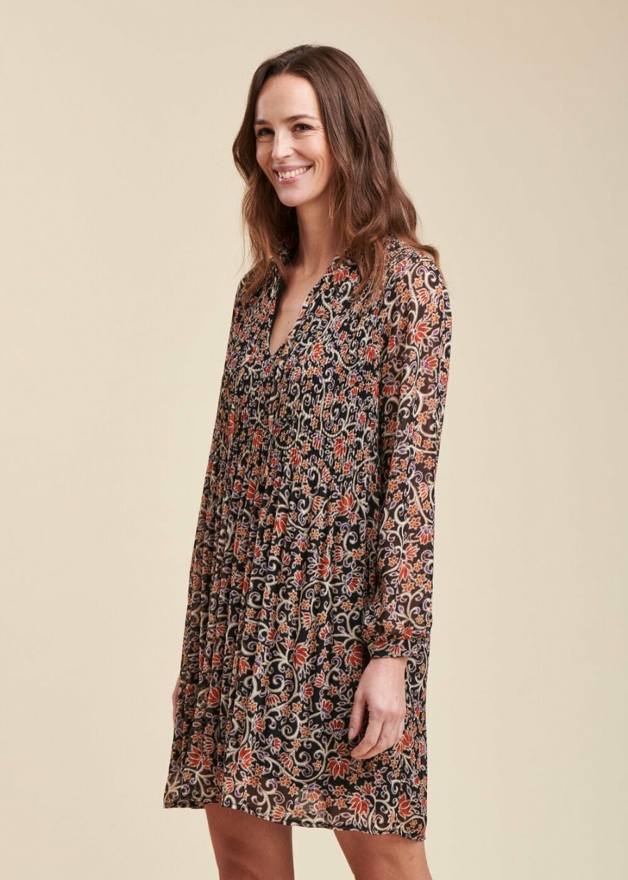 Pret-A-Porter LA FEE maraboutee | Robe Courte Ample En Voile Plisse Imprime Fleuri Multicolor