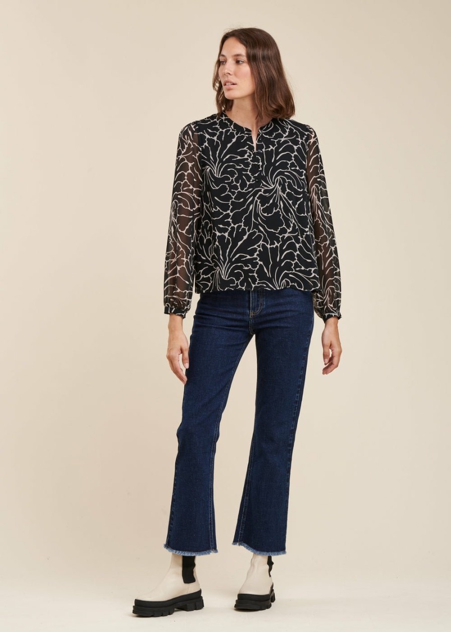 Pret-A-Porter LA FEE maraboutee | Top En Voile De Polyester Recycle A Imprime Floral Noir/Ecru